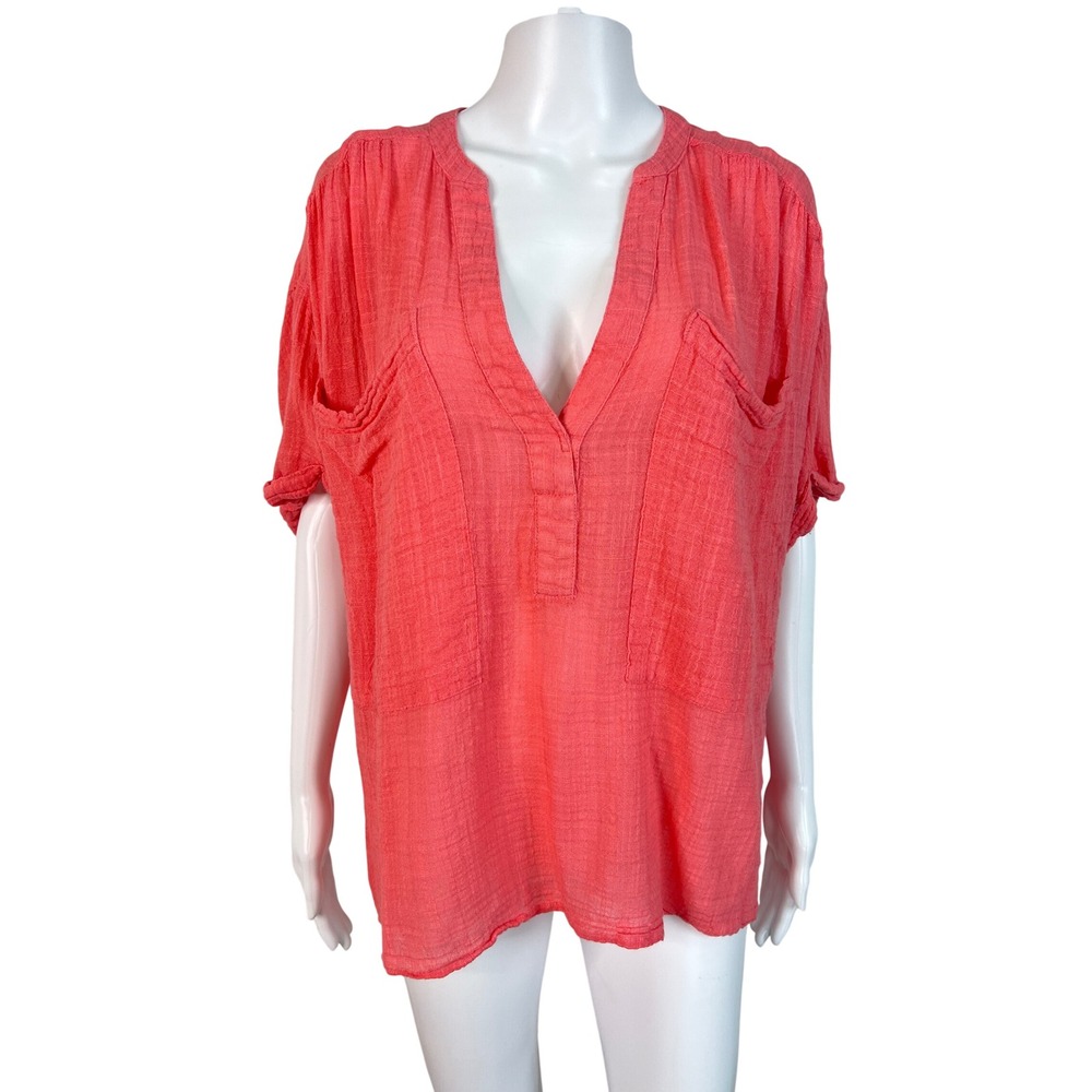 Sundance Coral Pink Gauze V-Neck Tunic Top Short Sleeve Beach Boho RelaxedSize M